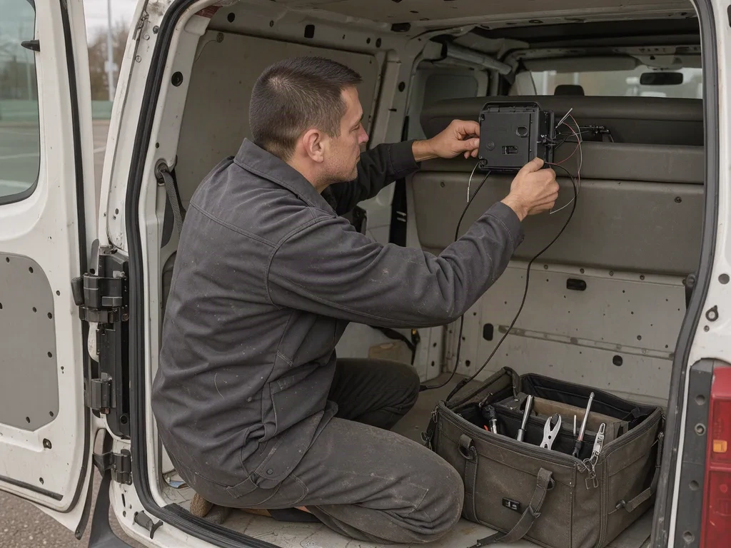 Technicien de l’atelier GPS Track installant un traceur sous le tableau de bord d’un utilitaire blanc