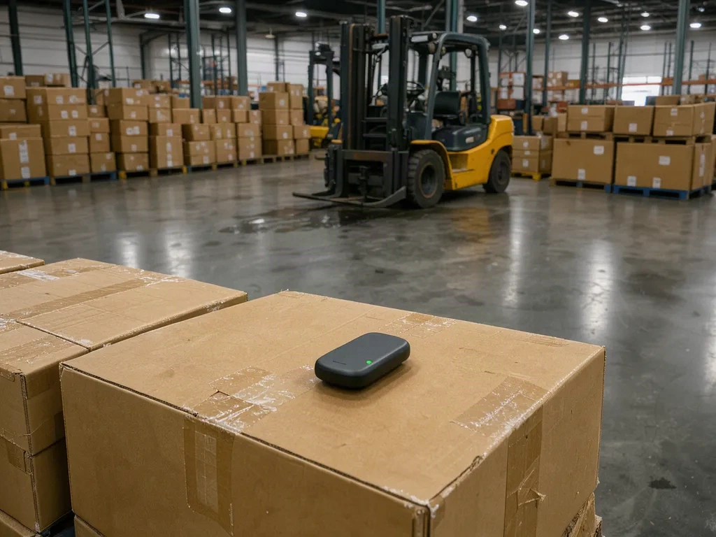 Entrepôt logistique français avec des palettes de colis kraft et un traceur posé sur le colis du haut