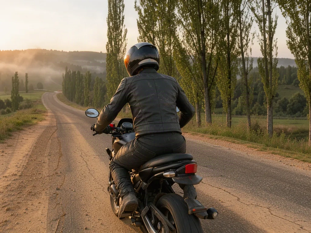 Motocycliste sur une route de campagne française à l’heure dorée