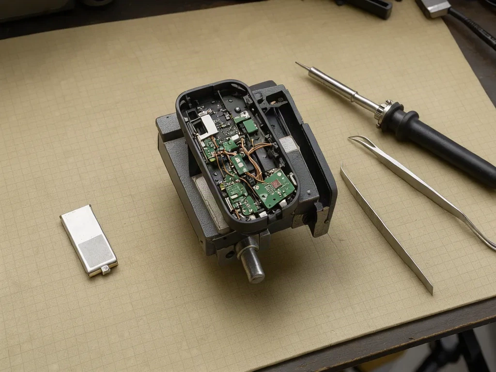 Banc de réparation avec un boîtier de traceur disassemblé, un fer à souder et une batterie