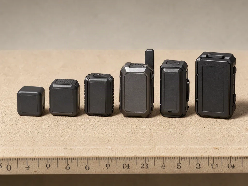 Gamme de traceurs GPS de tailles croissantes alignée sur un banc de mesure