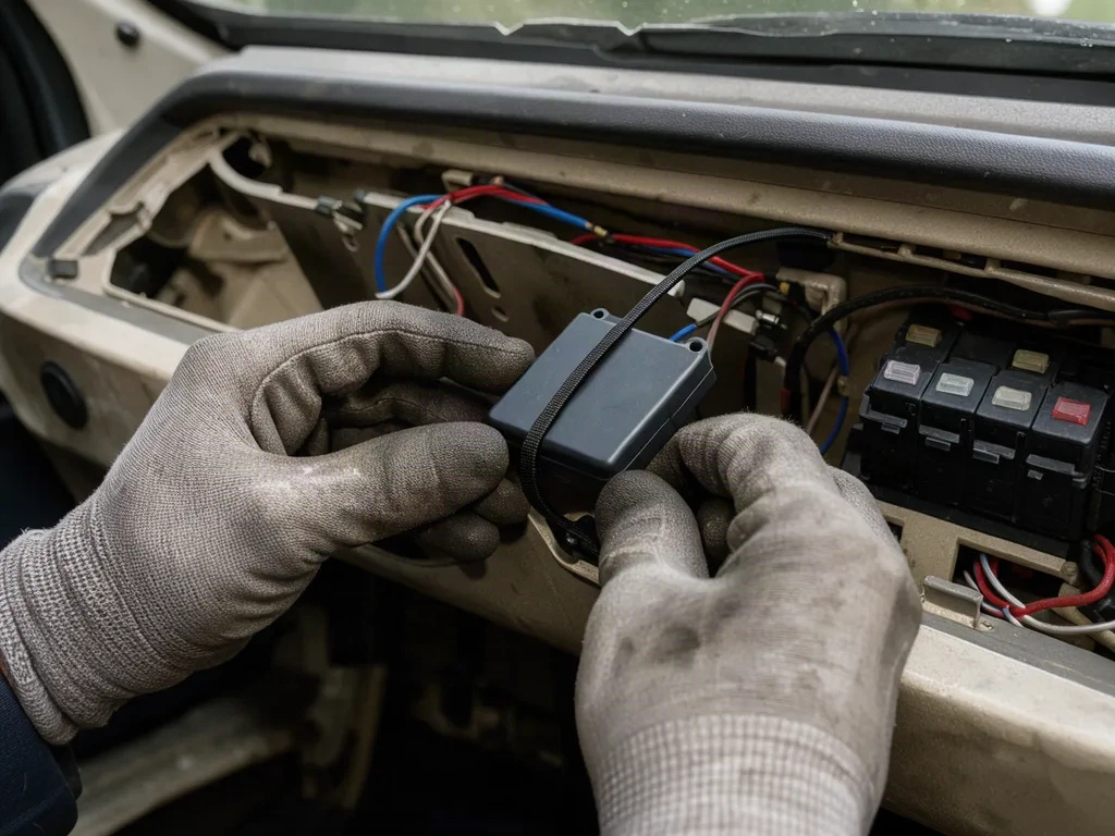 Mains en gants installant un traceur sous le tableau de bord d’un utilitaire
