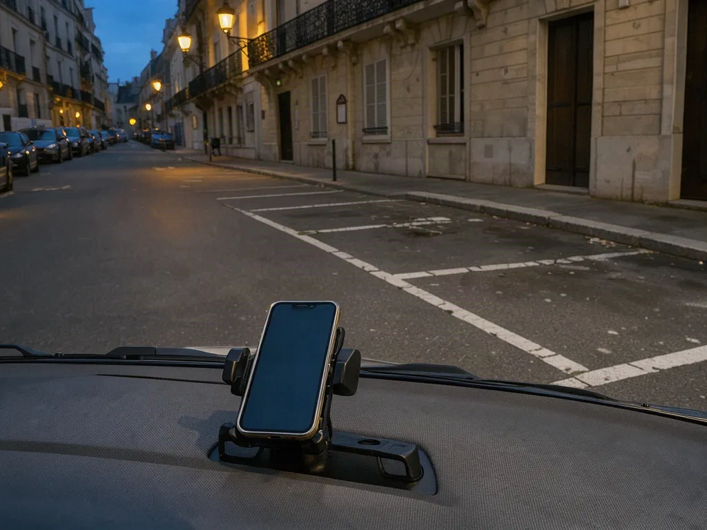 Place de parking vide en fin de journée avec support de téléphone