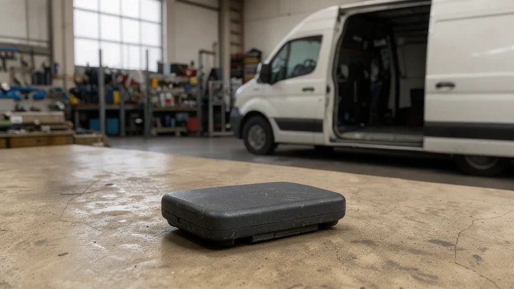Traceur GPS professionnel posé sur un établi de béton clair dans un atelier de flotte, avec un utilitaire blanc en arrière-plan